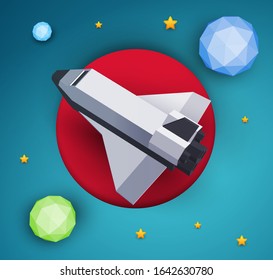 Space shuttle fly in cosmos with planet and stars. Science concept inspiration. Paper art cartoon 3d realistic trendy craft style. Modern origami design template. Funny cute vector illustration.