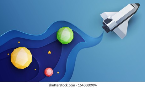 Space shuttle fly in cosmos with planet and stars. Science concept inspiration. Paper art cartoon 3d realistic trendy craft style. Modern origami design template. Funny cute vector illustration.