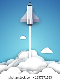 Space shuttle fly up in sky with clouds. Science concept inspiration. Paper art cartoon 3d realistic trendy craft style. Modern origami design template. Funny cute vector illustration.