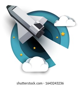 Space shuttle fly up in sky with clouds. Science concept inspiration. Paper art cartoon 3d realistic trendy craft style. Modern origami design template. Funny cute vector illustration.