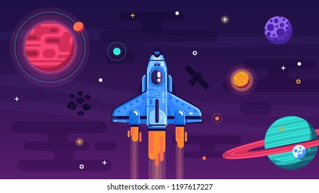 Space shuttle flying in galaxy with planets and stars. Discovering new horizon spacecraft concept illustration. Cosmos exploration poster or banner with rocket ship. Spaceship soars on solar system.