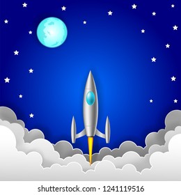 Space Shuttle is flying into the sky at night. in paper cut style