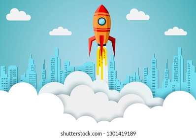 space shuttle are flying up into the sky while flying above a cloud and city. go to business success goal. leadership. startup. creative idea. illustration cartoon vector