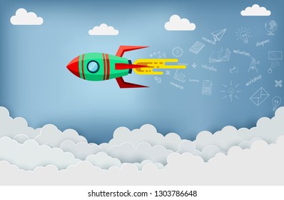 space shuttle are flying up into the sky while flying above a cloud. go to business success goal. leadership. icon and symbol. startup. creative idea. illustration cartoon vector