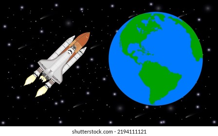 Space shuttle flying near the Earth planet of solar system. vector illustration. Elements of this image were furnished by NASA.