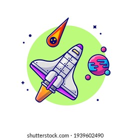 Space Shuttle Flying with Planet and Meteorite Space Cartoon Vector Icon Illustration. Science Technology Icon Concept Isolated Premium Vector. Flat Cartoon Style