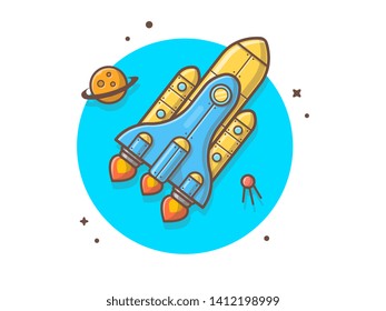 Space Shuttle Flying with Planet and Satellite Space Vector Illustration. Flat Cartoon Style Suitable for Web Landing Page,  Banner, Flyer, Sticker, Wallpaper, Card, Background