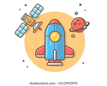 Space Shuttle Flying with Planet and Satellite Space Vector Illustration. Flat Cartoon Style Suitable for Web Landing Page,  Banner, Flyer, Sticker, Wallpaper, Card, Background