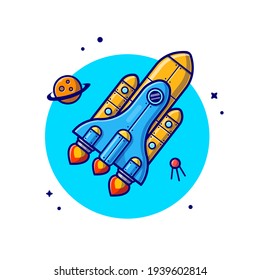 Space Shuttle Flying with Planet and Satellite Space Cartoon Vector Icon Illustration. Science Technology Icon Concept Isolated Premium Vector. Flat Cartoon Style