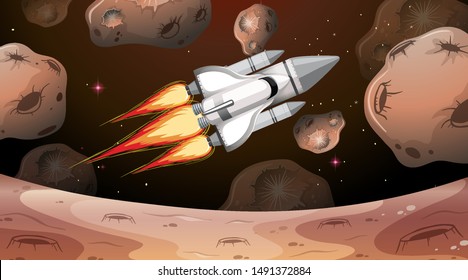 Space shuttle flying through asteroids illustration