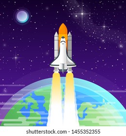Space shuttle goes into outer space. Concept flight of the spaceship against the background of space and the planet Earth. Space shuttle taking off on a mission. Flat vector illustration.