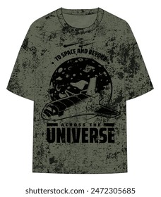 Space shuttle grunge print texture t-shirt graphic with black distressed slogan printed men's fashion vector artwork