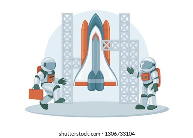 Space shuttle hero image. Spacecraft with rocket engines. Symbol of technology, innovation and launching new product or start-up. Spaceship and astronauts vector illustration isolated on white