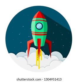 space shuttle icon in circle flat design, long shadow isolated on blue background. illustration cartoon vector