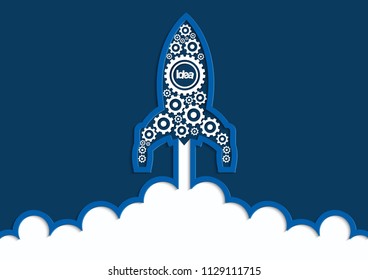 space shuttle icon gear launch to the sky start up business concept. creative idea. vector art and illustration