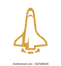 Space shuttle icon in gold glitter texture. Sparkle luxury style vector illustration.