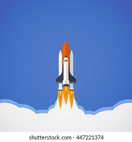 Space Shuttle Launch In Flat Icon Design In Blue Sky Background (vector)