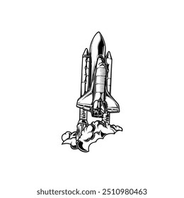Space shuttle launch hand-drawn illustration. Vector icon design.