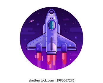 Space shuttle launch illustration with flying spaceship in flat design. Gradient rocket ship circle icon.