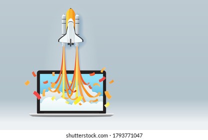 Space shuttle launch from laptop screen on gray background, Startup business concept, Paper art and digital craft style, Vector illustration