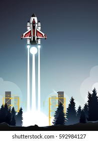 space shuttle launch from launching station in deep pine wood