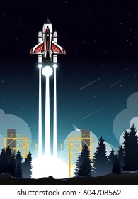 space shuttle launch from launching station in deep pine wood at night
