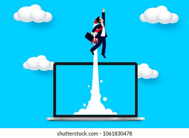 space shuttle launch outside notebook screen. Concept of business start-up. vector art and illustration paper
