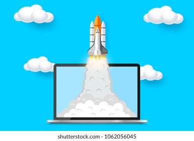 space shuttle launch outside notebook screen. Concept of business start-up. vector art and illustration paper