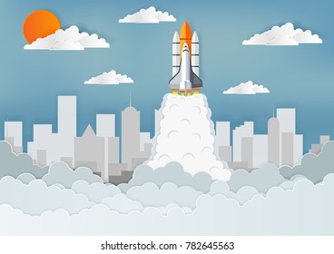 space shuttle The  launch to the sky With the city in the back, start up business concept , vector art and illustration paper