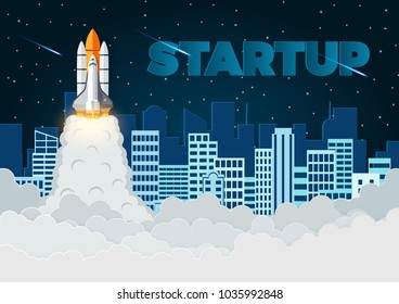 space shuttle the launch to the sky Full of stars at night With the city in the back, start up business finance concept , vector art and illustration paper