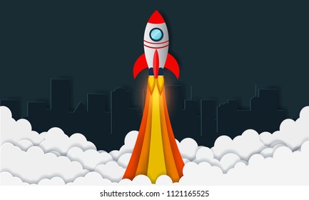 space shuttle the launch to the sky. Full of star at night With the city in the back, start up business finance concept. vector art and illustration paper