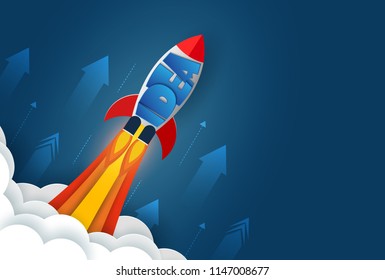 space shuttle launch to the sky. isolated from the blue background.  start up business finance concept. competition for success and corporate goal. creative idea. icon. vector illustration paper art