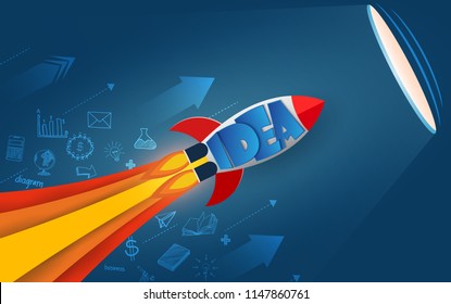 space shuttle launch to the sky. isolated from the blue background.  start up business finance concept. competing for success and corporate goal. creative idea. icon. vector illustration paper art