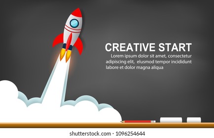 space shuttle launch to the sky on background blackboard. start up business concept ,financial idea are competing for success and corporate goal. creative. vector illustration paper art