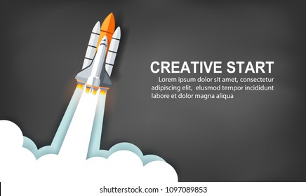 space shuttle launch to the sky on background blackboard. start up business concept ,financial idea are competing for success and corporate goal. creative. vector illustration paper art