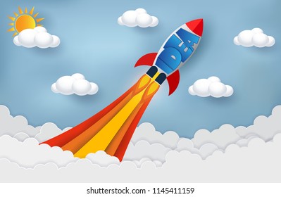 space shuttle launch to the sky. start up business finance concept. competition for success and corporate goal. creative idea. icon. vector illustration paper art