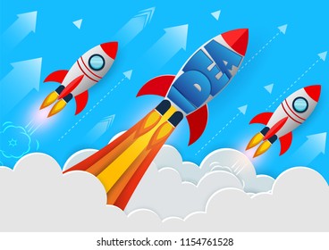 space shuttle launch to the sky. start up business finance concept. competition for success and corporate goal. creative idea. icon. leadership. vector illustration paper art