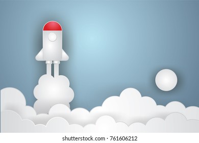 Space shuttle launch to the sky, start up business concept and exploration idea.Paper and craft art