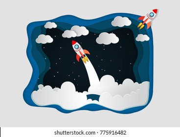 space shuttle launch to the sky, start up business concept, vector art illustration. paper art