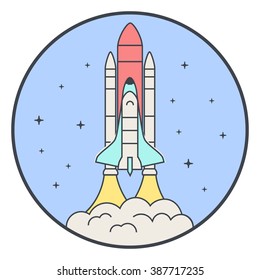 Space Shuttle Launch. Space shuttle takes off. Startup business, technology and science. Astronautics and aerospace. Flat line style vector illustration.