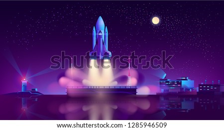 Space shuttle with launch vehicle taking off in starry sky from floating platform in lights of lighthouse on seashore neon color cartoon vector illustration. Commercial cargo carrier spaceship start
