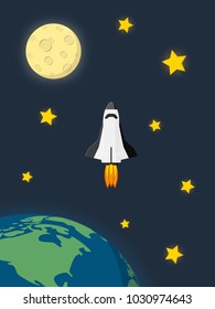 Space Shuttle Launched from Earth and Flying in the Space with Moon and Stars on Background