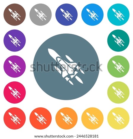 Space shuttle with launchers flat white icons on round color backgrounds. 17 background color variations are included.
