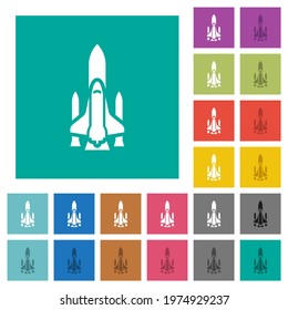 Space shuttle with launchers multi colored flat icons on plain square backgrounds. Included white and darker icon variations for or active effects.