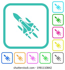 Space shuttle with launchers vivid colored flat icons in curved borders on white background