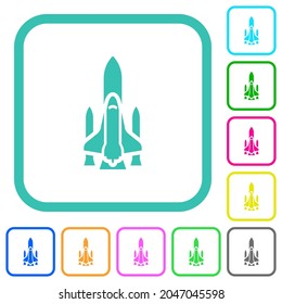Space shuttle with launchers vivid colored flat icons in curved borders on white background