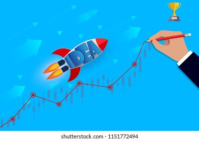 space shuttle launches go to the goal. on graph line with hand drawn to achieve success on blue background. go to target growth. leadership. creative idea. business concept. vector Illustration