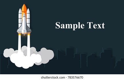 Space Shuttle launches into the sky on the left. The right side for the article. There is a city behind the concept of finance, business, vector, art and paper illustration.