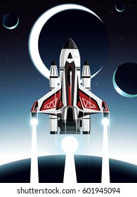 space shuttle launching from earth to other planet with moon background