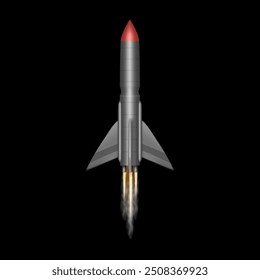 Space shuttle launching and taking off. Vector isolated realistic rocket with fumes and fire, smoke and gas. Starting rocketship, universe and galaxy exploration and scientific discovery